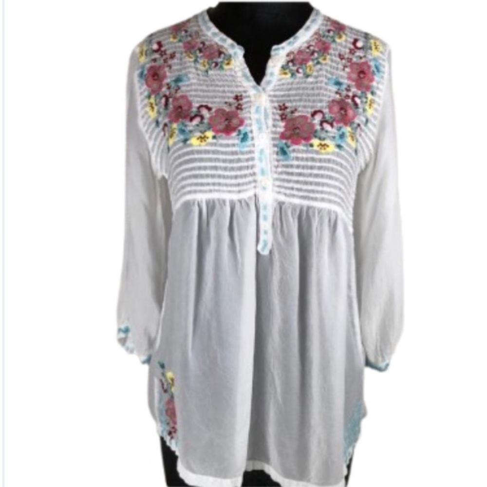 SUNDANCE Blouse White Floral Embroidered Sheer Pleated Fairy Size XS